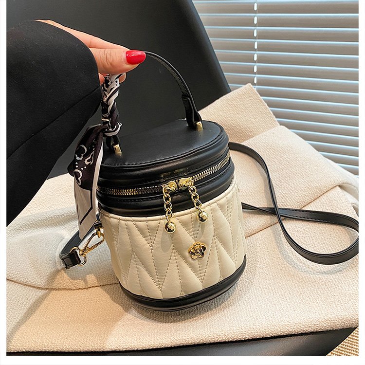 PU Bucket Shoulder Bag with Zipper and Stitching Detail - White,Black,Coffee - One Size