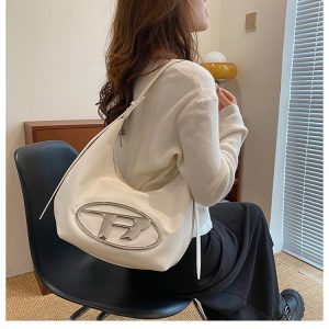 PU Shoulder Bag with Zipper and Stitching Detail - White,Silver,Black,Coffee - One Size
