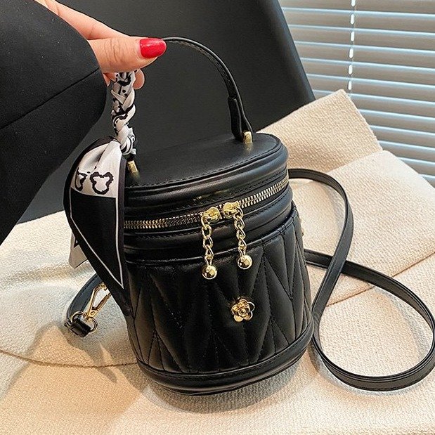 PU Bucket Shoulder Bag with Zipper and Stitching Detail - White,Black,Coffee - One Size - Image 3