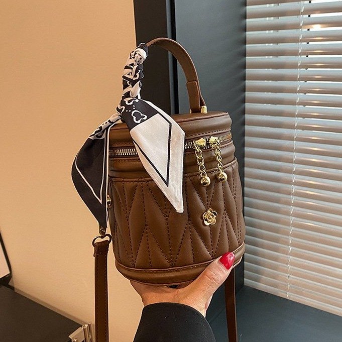 PU Bucket Shoulder Bag with Zipper and Stitching Detail - White,Black,Coffee - One Size - Image 2