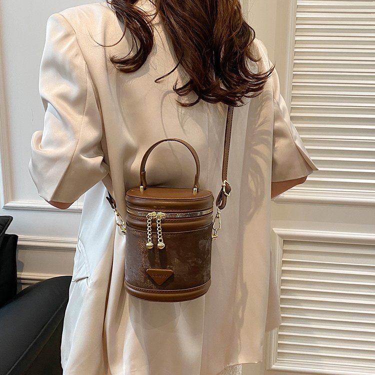 PU Bucket Shoulder Bag with Zipper and Stitching Detail - White with Khaki,Black,Coffee,Pink - One Size - Image 4