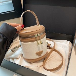 PU Bucket Shoulder Bag with Zipper and Stitching Detail - White with Khaki,Black,Coffee,Pink - One Size