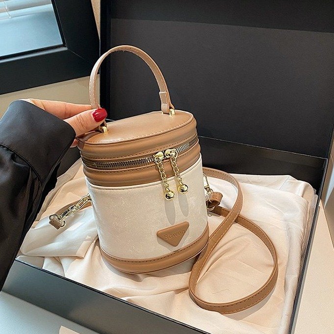 PU Bucket Shoulder Bag with Zipper and Stitching Detail - White with Khaki,Black,Coffee,Pink - One Size