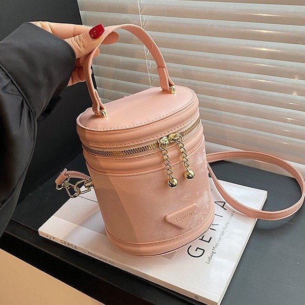 PU Bucket Shoulder Bag with Zipper and Stitching Detail - White with Khaki,Black,Coffee,Pink - One Size - Image 2
