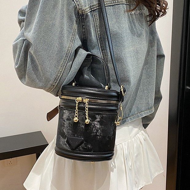 PU Bucket Shoulder Bag with Zipper and Stitching Detail - White with Khaki,Black,Coffee,Pink - One Size - Image 3