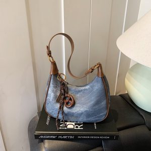 Women's Vintage Style Shoulder Bag with Zip Closure and Pendant