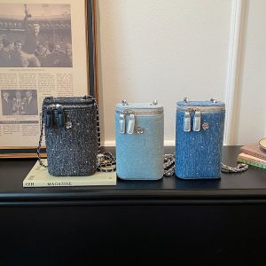 PU Diamond Studded Zipper Phone Bag Handbag Shoulder Crossbody Bag