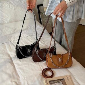 Women's One Shoulder Crossbody Bag with Lock Closure - Fall 2026 - Black,Coffee,Brown - One Size